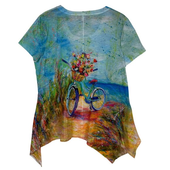 Leoma Lovegrove Bicycle Floral Print Top Sz Large Asymmetrical Hem Short Sleeve - Picture 7 of 10